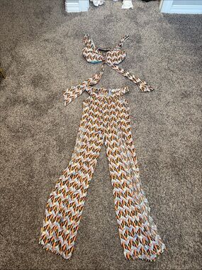 Women's Multicolor Patterned Wide-Leg Pants & Tie-Top Set